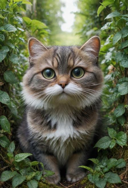 macrophotography, realistic fantasy landscape, (housecat: 1.29), 8k UHD (cat-eyes) (highest coherency: 1.59) (highest quality: 1.39) (symmetrical) (beautiful-cats-eyes) (Canon EOS R6 Mark II) (Fujifilm X-S20) (vertical-slit pupils: 0.89) (dense underbrush)