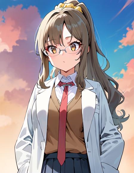 frio, frio, long hair, sidelocks, bangs, brown hair, grey hair, wavy hair, large breasts, rimless eyewear,   school uniform, labcoat, open clothes, white shirt, collared shirt,brown vest,  pleated skirt, black skirt, red necktie, 