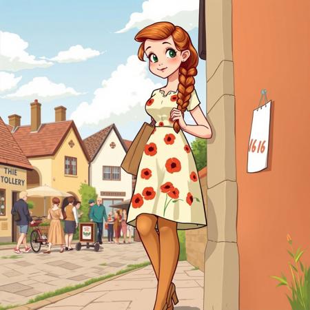The image is of a beautiful 18 year old woman. She is long ginger hair in a French braid and is wearing a cream dress with poppy print. It is a classic 1940s vintage cartoon. She is wearing tan stockings and high heels and is carrying a paper bag of shopping with her. She is leaning against a wall in a busy village setting. There is sunshine and clouds in the sky. She is petite, with a slim body and and a flat chest. She has pale skin with heavy freckles, a cute nose and green eyes. Her skin is sweating just a little as it is a hot day.