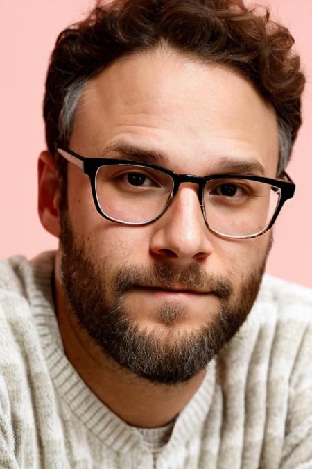 <lora:Seth_Rogen_Lora-12:1>, man, glasses, high quality, wearing sweater,  detailed face, headshot, natural lighting, realistic, plain pastel background