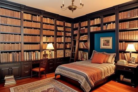 a fantasy bedroom that is also the owner's personal library with books everywhere