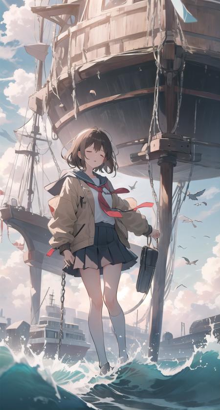 1girl, bird, watercraft, boat, solo, brown hair, skirt, sitting, outdoors, long hair, sky, shirt, jacket, blue sky, holding, white shirt, water, seagull, bag, necktie, closed eyes, plaid skirt, pleated skirt, long sleeves, collared shirt, wind, plaid, day, instrument, school uniform, floating hair, music, hood down, hood, closed mouth, playing instrument, bangs, medium hair, yellow jacket, swing, ship, coat, scenery, flock, holding instrument, white bird <lora:light-000004:1>