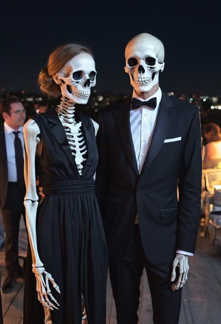 2015, summer night, skeletons at a rooftop cocktail party, in black tie dress code