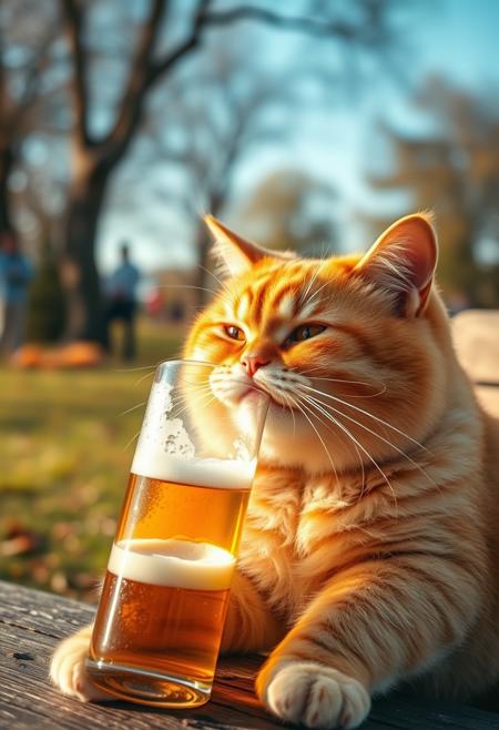 Fat chubby ginger cat drinking beer in park, dynamic angle, warm hues, realistic, photorealism, hd, 8k, high definition, BREAK, score_9, score_8_up, score_7_up, score_6_up
