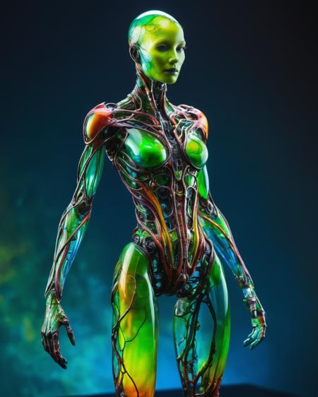 focus on beautiful bioengineered creature with semi-transparent skin, (detailed cybernetic implants fused with organic matter:0.5), full body, (with intensely vibrant swirling colors:1.9), realistic photo, <lora:add-detail-xl:1.0> ,  <lora:artialien:1> artialien