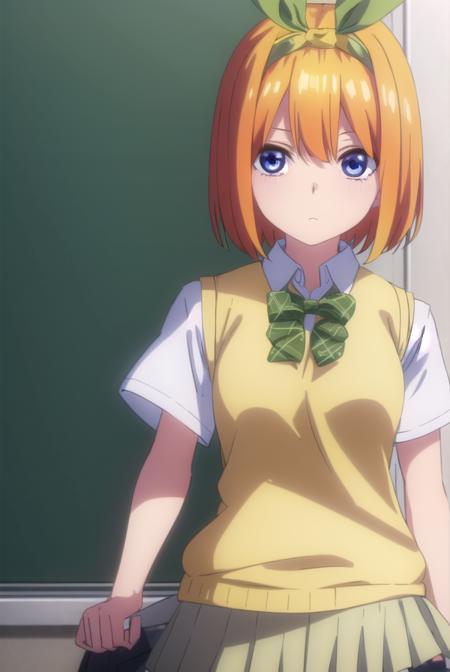 yotsubanakano, <lora:yotsubanakanospecial-lora-nochekaiser:1>, 
yotsuba nakano, bangs, short hair, blue eyes, hair between eyes, hair ribbon, hairband, orange hair, (green ribbon:1.5),
BREAK skirt, shirt, bow, ribbon, school uniform, white shirt, short sleeves, pleated skirt, shoes, socks, collared shirt, miniskirt, bowtie, black footwear, kneehighs, green skirt, black socks, loafers, green bow, sweater vest, green ribbon, (yellow sweater vest:1.5),
BREAK indoors, classroom,
BREAK looking at viewer, (cowboy shot:1.5),
BREAK <lyco:GoodHands-beta2:1>, (masterpiece:1.2), best quality, high resolution, unity 8k wallpaper, (illustration:0.8), (beautiful detailed eyes:1.6), extremely detailed face, perfect lighting, extremely detailed CG, (perfect hands, perfect anatomy),