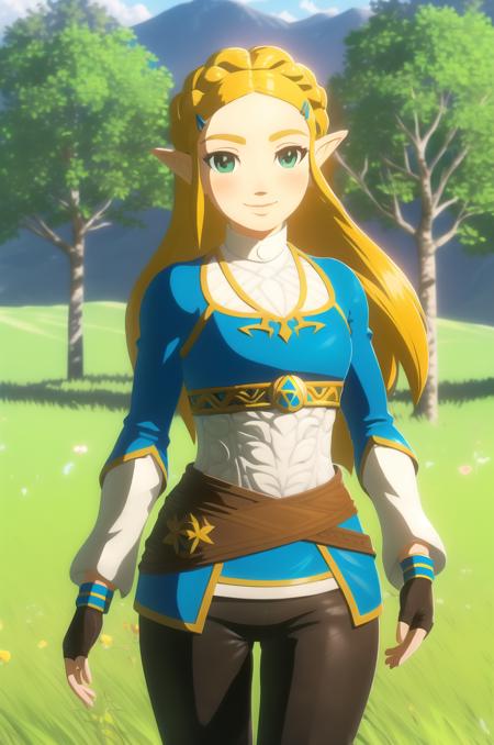 (masterpiece), high quality, (detailed background), 1girl, solo,
<lora:Zelda-v3-07:0.7>, ChopioZelda, blonde hair, green eyes, (looking at viewer:1.3),
mature female, medium breasts,
long hair, crown braid, sidelocks, hairclip,
outfit_1, blue crop top, white undershirt, gold trim, long sleeves, gold chest belt, brown sash, black gloves, fingerless gloves, black pants, brown knee boots,
outdoors, field, trees, grass,
standing, smile, (blush:1.2),