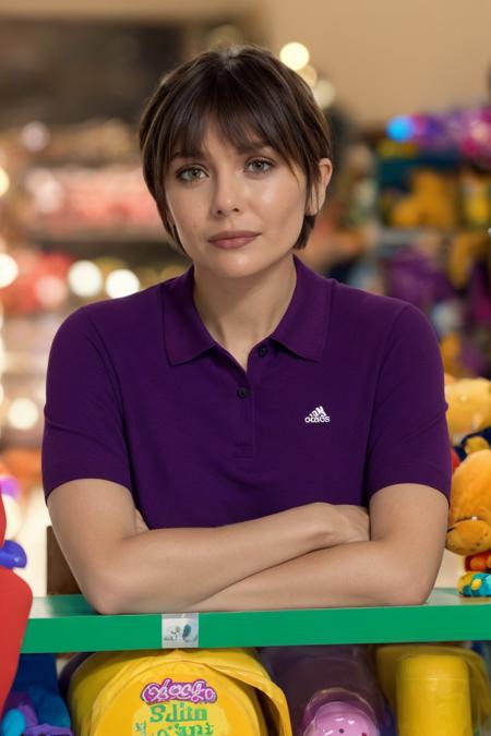 portrait shot, looking at viewer, woman in a tucked in purple polo tee, at a toy shop, pixie cut, bangs, soft colors, bokeh, masterpiece, high quality, (high detailed skin:1.1)
<lora:elizabeth_olsen_lora_v01:1> liz89