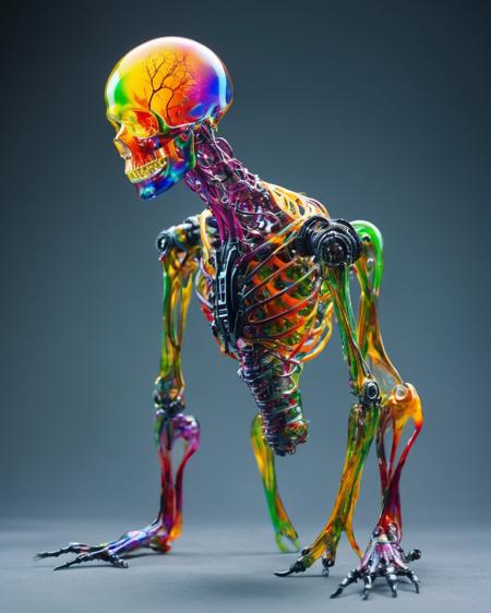 (focus on bioengineered creature, transparency:1.4, (detailed cybernetic implants fused with organic matter:0.5), full body, (with intensely vibrant swirling colors:1.9), realistic photo, <lora:add-detail-xl:1.0> ,  <lora:artialien:1> artialien