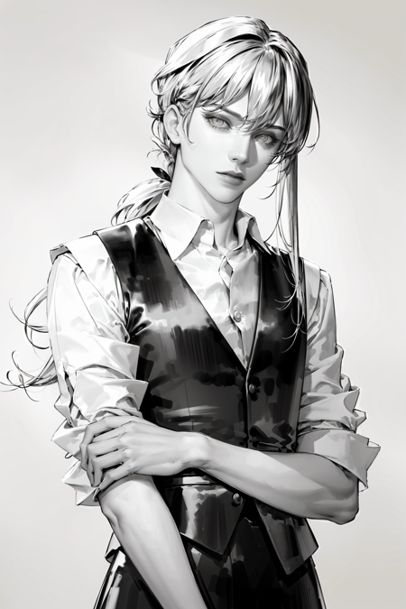 MONOCHROME, 
1boy,solo, long hair, looking at viewer, simple background, shirt, white background, monochrome, upper body, ponytail, greyscale, collared shirt, vest, eyelashes, dress shirt, low ponytail, sleeves rolled up,
 <lora:pilyeon-04:1>