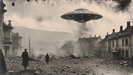 B&W 35mm vintage photo of unique UFO in a WW2 picture, destroyed city backdrop <lora:Vintage_Street_Photo:1.2>