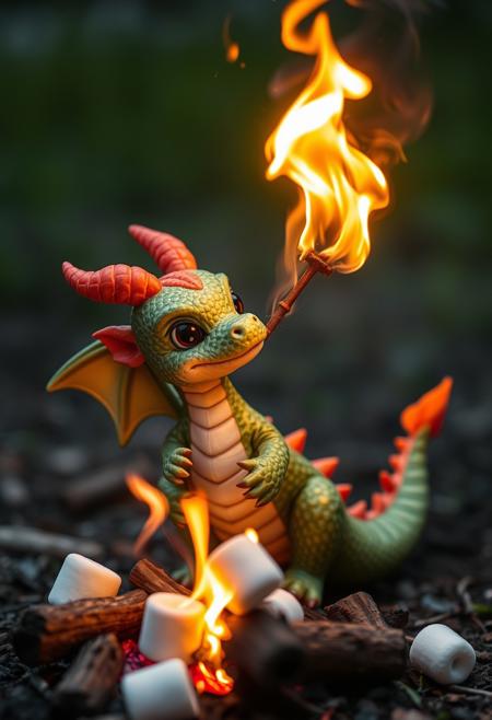 cute small dragon using fire breath to roast marshmallows