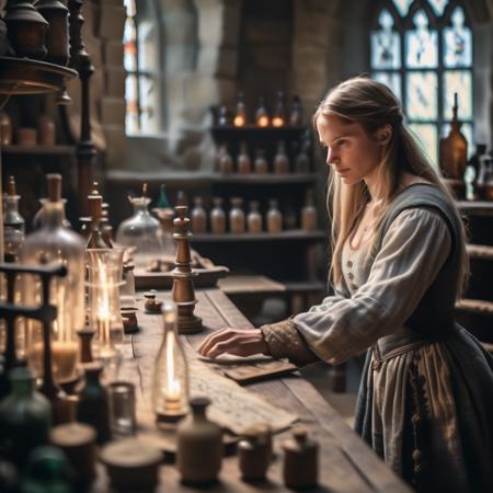 highly detailed analog photo of lab assistant working in a medieval laboratory,

solo, 1girl, solo, long hair, blonde hair, long sleeves, dress, indoors, blurry, window, profile, depth of field, table, ring , bottle, medium breasts, plant, quill,  (realistic:1.3), (medieval laboratory:1.1), (professional lighting:1.2)

masterpiece, best quality, 8k,
motion blur, intricate details, depth of field,

(analogue photography:1.1),
(shadow play:1.4),



