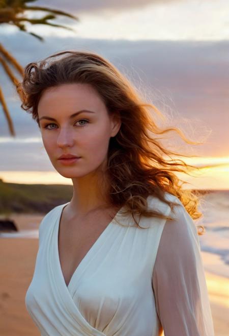 cinematic film still <lora:Susann_SDXL_v1.0-000004:1> 
Romantic portrait, ohwx woman, standing on a beach at sunset, golden hour lighting, 2013, 8k, uhd, dslr, soft focus, flowing dress, windswept hair, loving gaze, in style of renown photographers Mario Testino, Craig McDean . shallow depth of field, vignette, highly detailed, high budget, bokeh, cinemascope, moody, epic, gorgeous, film grain, grainy
