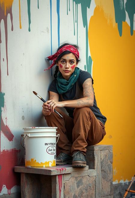 ((Highly detailed )),Unbelievably absurd,Woman painting on wall,Sit and rest,Paint Bucket,paintbrush,bandana,Work clothes,step,There is paint everywhere,(((Wall Art))), ((masterpiece, Highest quality, Highly detailed CG, unity 8k wallpaper )),(masterpiece, Highest quality, Highest quality, Official Art, beautiful),Very vivid,High-precision images,Ultra-high resolution,Great art,Poster Art,Impressive photos,Graffiti Art Style,Face stained with paint,avert your eyes,Impressive art,beautiful顔,Perfect Face, realistic, hyper-realistic, perfect lighting hyperdetailed