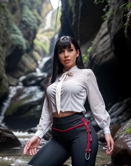 cinematic photo  <lora:quiron_ValentinaRicci_v1_lora:0.85> , ValentinaRicciQuiron woman, . 35mm photograph, film, bokeh, professional, 4k, highly detailed, realistic,  a woman Canyoning wearing Tie-neck blouse and Harem pants: Baggy, low-crotch pants with a relaxed and comfortable fit.,