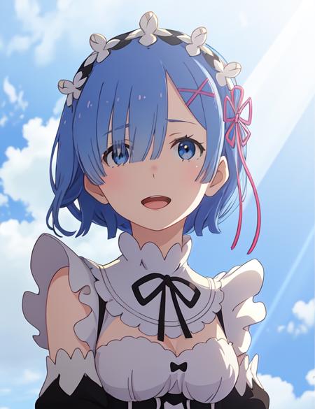 best quality, masterpiece, <lora:Rem-000009:0.9:MID>, phRem, 1girl, blue hair, solo, maid, roswaal mansion maid uniform, looking at viewer, outdoors, open mouth, anime coloring, maid headdress, upper body,  light particles, light rays, wallpaper, high contrast, colorful, blue background, blue sky, sky