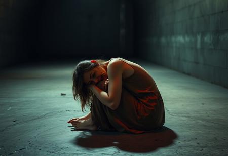 a 20yo woman curled up on the cold concrete floor in the fetal position. she is filled with dread and despair. a spotlight shines red from above. she cries into her knees. the scene leaves the viewer with an overwhelming sense of hopeless and nothingness.