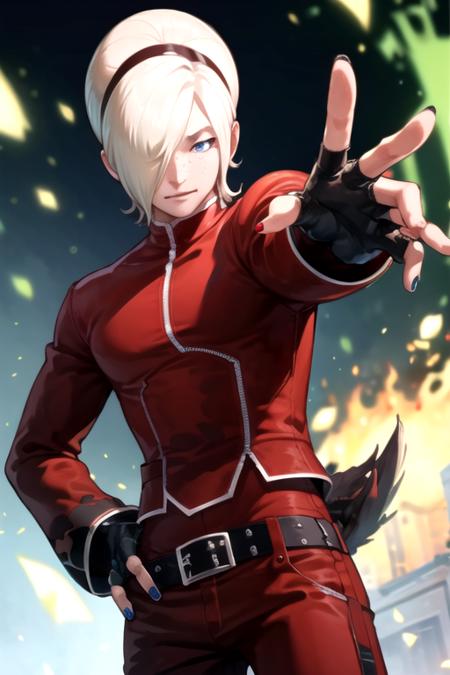 <lora:AshCrimson-09:0.7> ,ashkof, solo, blue eyes, blonde hair, gloves, 1boy, male focus, hairband, belt, pants, fingerless gloves, nail polish, hair over one eye, fingernails, hand on hip, fire, androgynous, zipper, freckles, red pants, pyrokinesis