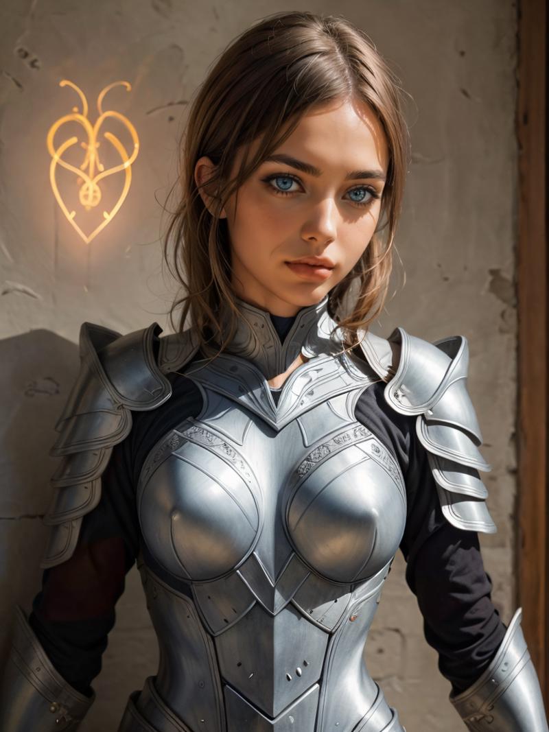 A beautiful young woman wearing a silver armor top and black pants.