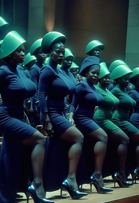 ultra realistic 
Dark Sci-Fi.  faded film, desaturated, 35mm photo, grainy, vignette, vintage, Kodachrome, Lomography, stained, highly detailed, found footage
 group of (african american women wearing high heels:1.80) 
standing in a line as they prepare to invade a  megachurch. The (women's eyes are glazed over:1.80), with a hint of a trance-like state, suggesting they are under the control of the MKULTRA program.
In the background, a large megachurch stage. However, the atmosphere is tense and foreboding, as if the women are about to disrupt the peaceful lives of the townspeople.
(Each woman is holding a (((mysterious device that glows with an eerie, pulsing light))). The devices seem to be emitting a strange energy that is affecting the african american women, further emphasizing their trance-like state.:2.0)
(thick thighs:1.8) (Massive breasts:1.6) (evil smile:1.8)