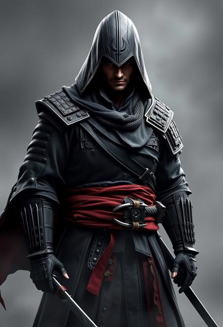 assassin's creed character, japanese samurai costume, black clothes, heavy armor, mist grey background