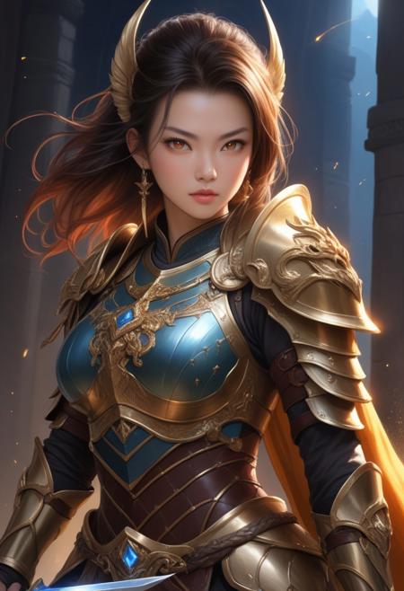 score_9, score_8_up, score_8, Realistic digital painting of a fierce female warrior in intricate armor, holding crystals and a shield, inspired by the style of the Stars Art Group (Xing Xing), dramatic lighting, intense colors, highly detailed by Kekai Kotaki and Choi Wong.