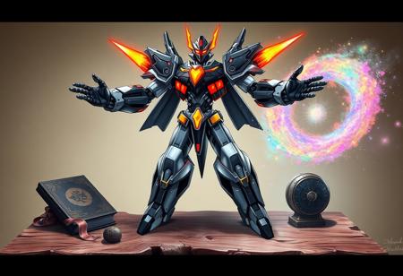 A dynamic fantasy illustration depicting the Galaxy Wizard robot in a powerful, action-ready pose, rendered with a dramatic splash ink illustration style. The robot, gleaming with black and silver armor, vibrant red and yellow energy accents, and an intense red visor, stands majestically on an ancient, gnarled wooden tabletop. Its outstretched arms pulse with latent energy. To its left, a shadowy, arcane grimoire, its contents unknown, glows faintly with mystical runes. To its right, a swirling vortex of multi-colored cosmic dust, hinting at an unknown device, shimmers with harmonious colors. The backdrop is a simple beige wall, subtly transformed into an ethereal, starlit canvas with elements of a beautiful matte painting. This piece embodies a powerful message and a joyful impact through its vivid emotions. Achieved with a creative angle and a balanced editing, this piece showcases a Grammer Effect Style, trending on CGSociety and Artstation, with stunning, multi-colored hues and a golden ratio composition.