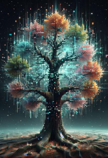 A colossal digital tree with pixelated branches glitching into infinite fractals, flickering holographic leaves transforming into swirling data streams, and a glowing core pulsating with surreal energy, surrounded by floating orbs that shift between celestial bodies and fragmented code  <lora:Glitch Style:0.7>