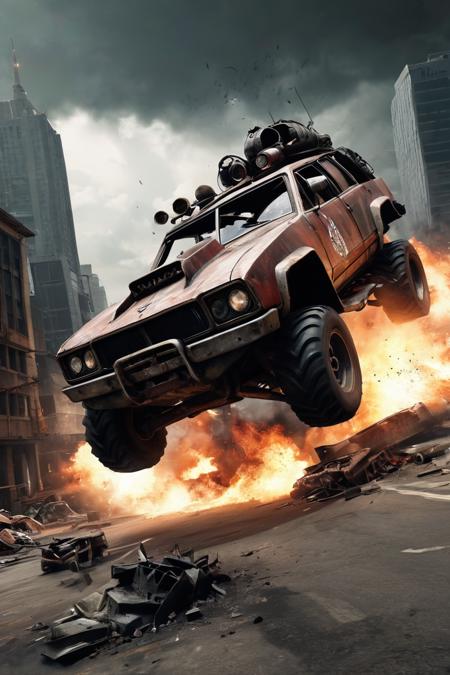 Create an intense scene from the video game Twisted Metal, depicting a chaotic demolition derby in a post-apocalyptic cityscape. The focus should be on a heavily armored vehicle equipped with weapons, skidding through debris-filled streets. Capture the gritty atmosphere with dark clouds, fiery explosions, and towering, crumbling skyscrapers in the background. The vehicle should be detailed with menacing spikes, flames, and bullet holes, showcasing a sense of high-speed action and destruction. Include dramatic lighting to emphasize the mayhem and urgency of the battle.