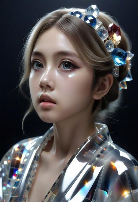 score_9, score_8_up, score_7_up, source_anime, masterpiece, best quality, amazing quality, very aesthetic, absurdres, Masterpiece, best quality, 1girl, portrait, face focus, beautiful eyes, stoic, model, porcelain marble skin, kwf, intense stare, dramatic lighting, backlit, cs-cr1stal-v2, crystal kimono,