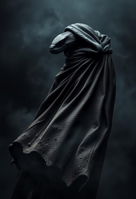 black snake beast  wearing a grunge and dirt cape, Dark Style, gothic Style, long cape, wind, dark background, mist, photography studio style, hyper realistic, ultra detailed