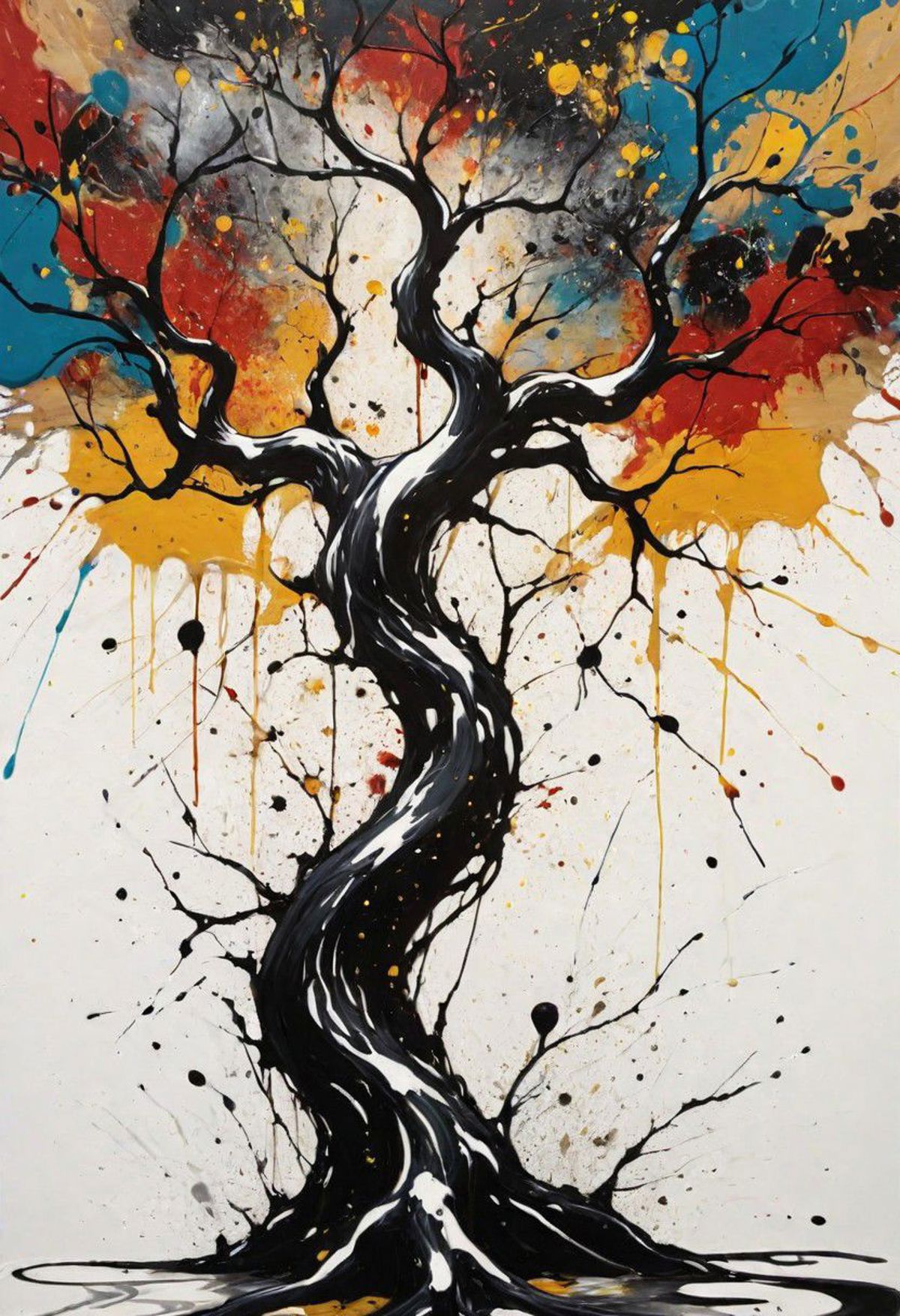 A tree with brightly colored roots and branches painted on a white background.