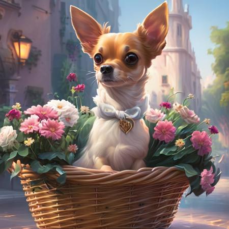 A chihuahua in a wicker basket of flowers with a heart on the front

SCG768-Nebula