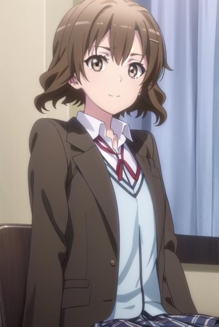 kaoriorimoto, <lora:kaori orimoto s2s3-lora-nochekaiser:1>, 
kaori orimoto, short hair, brown hair, hair ornament, (brown eyes:1.5), hairclip, smile,
BREAK skirt, ribbon, school uniform, jacket, black jacket, plaid, plaid skirt, blazer, sobu high school uniform,
BREAK indoors, classroom,
BREAK looking at viewer,
BREAK <lyco:GoodHands-beta2:1>, (masterpiece:1.2), best quality, high resolution, unity 8k wallpaper, (illustration:0.8), (beautiful detailed eyes:1.6), extremely detailed face, perfect lighting, extremely detailed CG, (perfect hands, perfect anatomy),