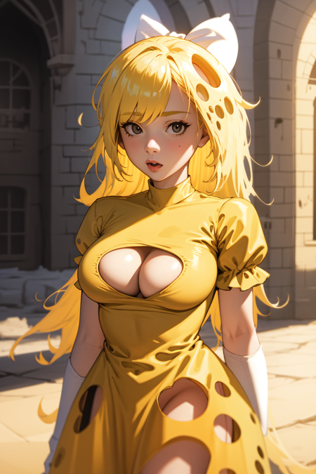 cheesegalPT, 1girl, yellow skin, blonde hair, long hair, hair bow, black eyes, large breasts, yellow dress, puffy short sleeves, cleavage cutout, yellow gloves, garter straps, orange thighhighs