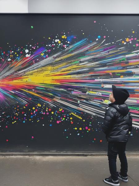 <lyco:MartinWhatson:1.0> an image of a child looking at graffiti on a wall, in the style of aluminum, martin whatson, eye-catching, luke fildes, wrapped, brian sum, gray