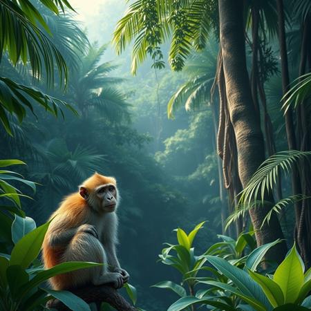 A photorealistic image of a jungle with a monkey similar to the one from Bali