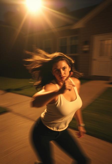 Dynamic, in-motion documentary style image, a blurred woman in action poses, intense lighting creating streaks of motion. High contrast, warm tones, emphasizing a candid moment within suburban life.