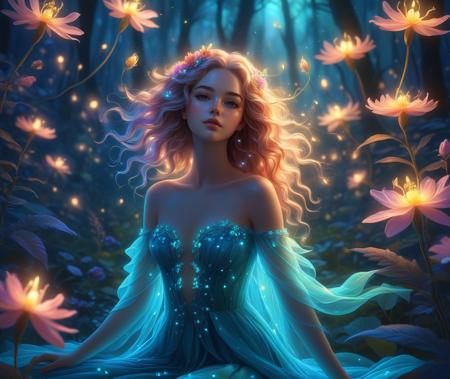 Style-PaintMagic, high quality, 8K Ultra HD, wide shot, (beautiful and sexy Bioluminescent girl with a slim figure:1.2), beautiful flowing Bioluminescent flowers forming a beautiful girl, Bioluminescent hair, full depth of field and realistic textures, hands in hair, arms up, neon, glowing, (fractal art:1.3), night, enchanted forest, flowers, firefly, (detailed background:1.3), wholesome, (rating_explicit), <lora:add-detail-xl:0.8>  <lora:picxReal_10:1>, detailed skin texture, (blush:0.2), (goosebumps:0.3), subsurface scattering, dry skin, fuzzy skin