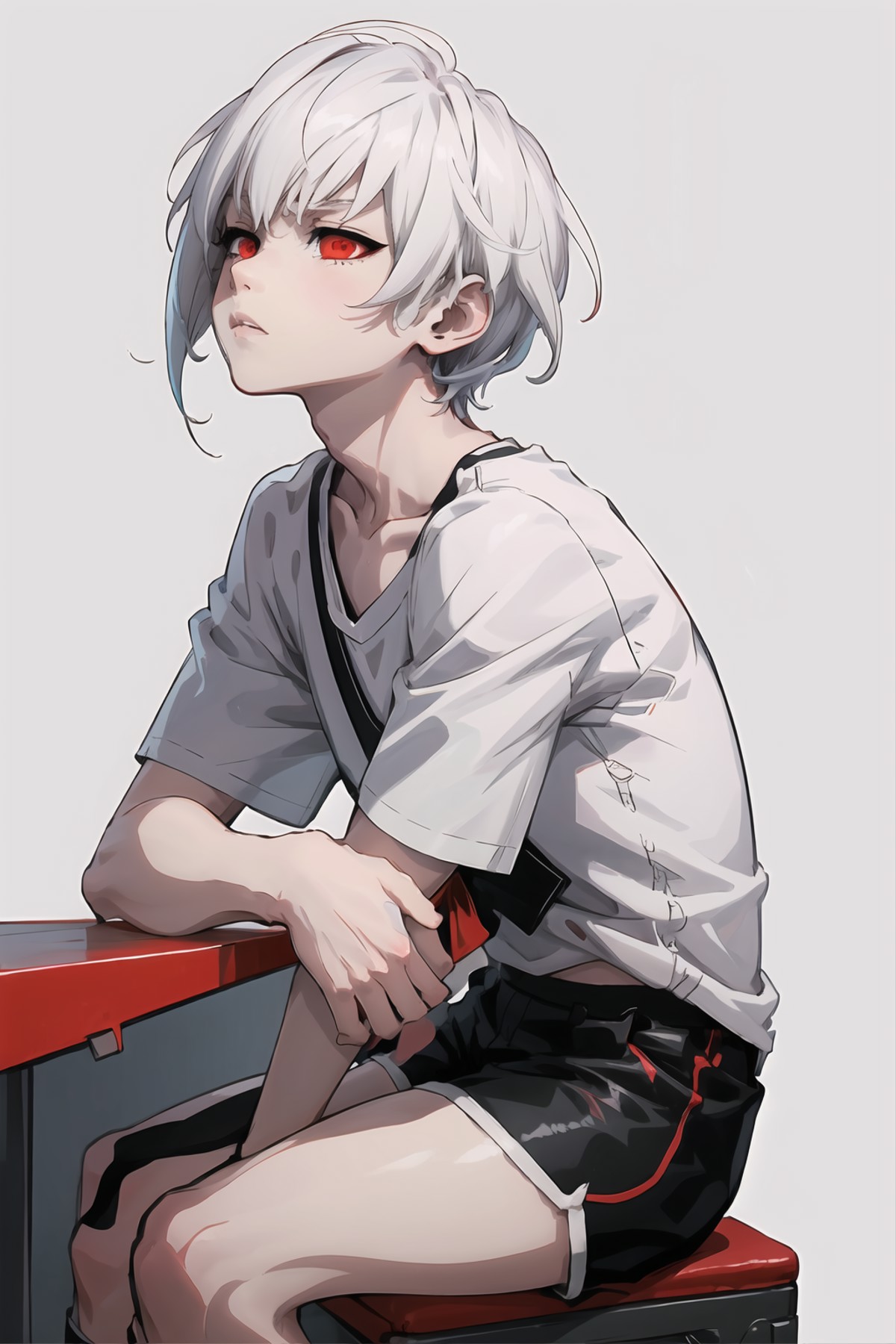 e7haste, 1boy, white hair, red eyes, shirt lift, tight shorts, simple background, sitting down, looking up, hugging knees,...