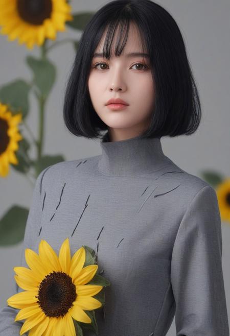 masterpiece, best quality, good quality, very awa, very aesthetic, absurdres, newest, 1girl, solo, looking_at_viewer, simple_background, black_hair, hair_ornament, dress, closed_mouth, upper_body, grey_hair, flower, hair_flower, black_eyes, forehead, yellow_flower, sunflower, dripping