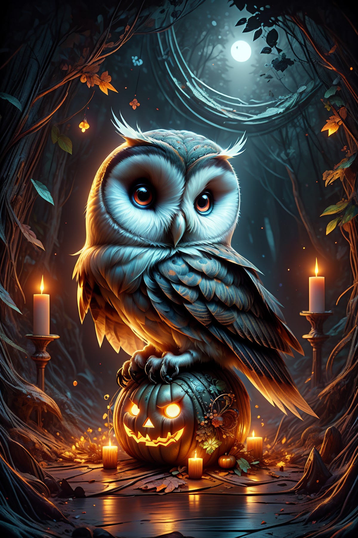 a barn owl sitting on a jack o lantern, in an autumn forest, dark atmosphere, symmetrical, ((mc escher style)), hp lovecra...