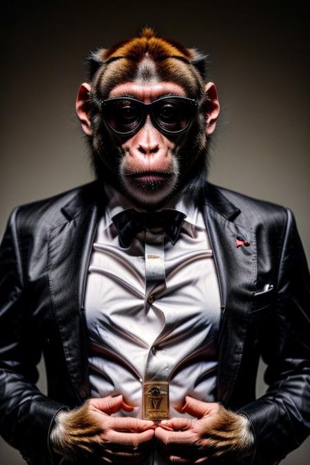 (analog photo) of a ((gangster monkey)) wearing a (italian black buisness suit with a white shirt and black tie) and wearing black Rayban style sunglasses, serious face,  (hands in pockets, confident posture,) masterpiece, Fine art photography, award winning photography, epic realism