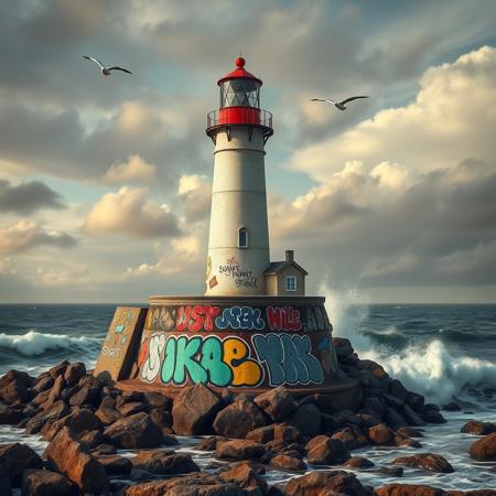 A picturesque lighthouse perched on a rocky coastline, its base covered in colorful graffiti. The artwork adds a modern twist to the historic structure. The background features crashing waves, a dramatic sky, and seabirds flying overhead, contrasting with the unexpected urban art.. 
[(contemporary street art:1.35) ::0.35], (Banksy and Pejac -inspired octane rendering with a dusty, simple touch), [Frank Cho and Kay Sage influence: artistic flair: 0.70], a contemporary street art piece inspired by Banksy's style rendered in octane, featuring a dusty and simple aesthetic, drawing artistic flair from the influences of Frank Cho and Kay Sage for a unique and captivating composition