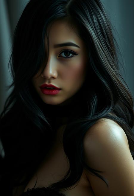 A seductive 25-year-old Vietnamese woman, captured in a close-up portrait. Her raven hair, styled in loose waves, frames a face of enigmatic beauty. Dark, smoky eyes, accentuated by dramatic winged eyeliner and a smoldering red lip, hold a mysterious allure. Her neck, delicate and alluring, is partially obscured by cascading locks. The photographer’s expert use of lighting and shadow creates a dramatic, almost cinematic atmosphere, emphasizing her raw sensuality and dangerous allure. Every curve, every glance, is a deliberate invitation to a world of desire.