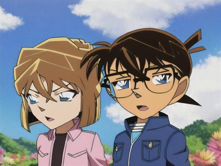 <conanAndhaibara>, 1girl, 1boy, brown hair, flower, blue eyes, glasses, shirt, short hair, jacket, day, blue sky, open clothes, open jacket, sky, child, open mouth, hair between eyes, bangs, female child, cloud, closed mouth, male child