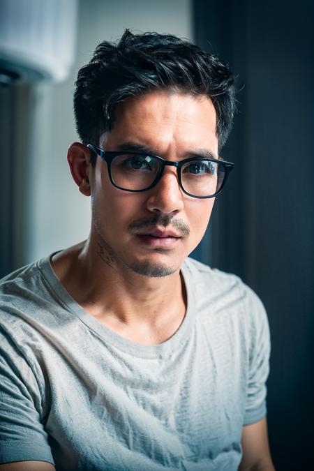 1boy, short hair, black hair, black sunglasses, mustache, facial hair, beard, (white t-shirt), jeans, (isolated on dark-grey backgroud:1.2), dynamic pose, (soft lighting:1.2), shot on Canon EOS 5D, <lora:PwierV1:0.85>, best quality, ultra high res, (photorealistic:1.4), masterpiece, real life skin, hyper real, perspective