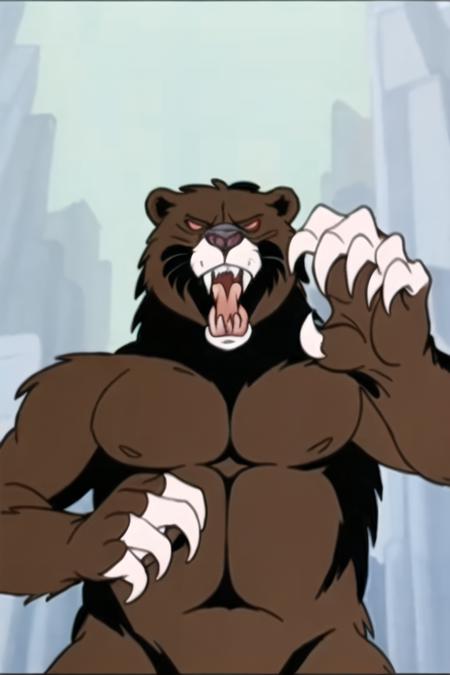 bear, animalization, from_below, fangs, furious, open_mouth, red_eyes, tongue, claws, simple_background