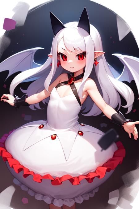 masterpiece, best_quality, 1girl, solo, pram \(phantom kingdom\), phantom kingdom, red eyes, black sclera, white wings, bat wings, pointy ears, horns, albino, white dress, bubble skirt